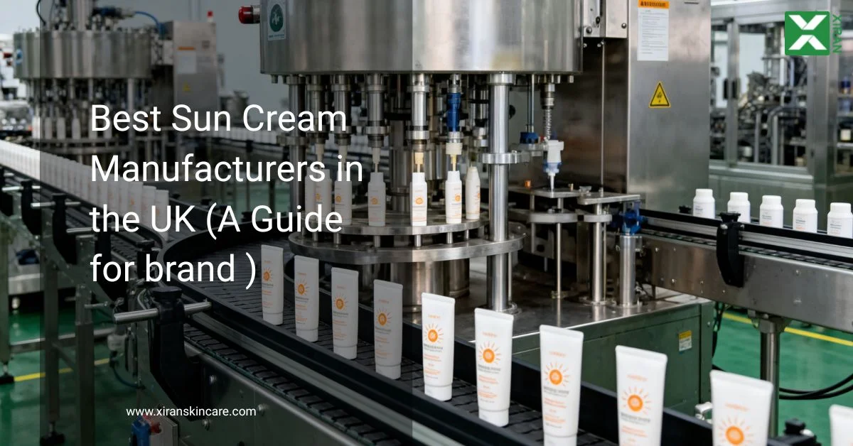Sun cream products are shown on a conveyor belt in a manufacturing facility, highlighting production in the UK.